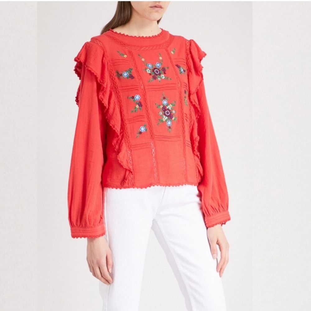 Free People Amy Top Red Floral Embroidered Ruffle Long Sleeves